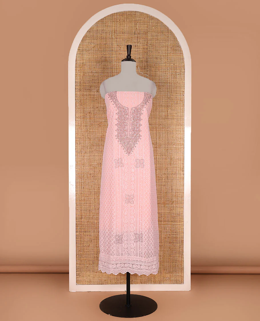 Peach material churidar set, stone work with Schiffli style embroidered georgette top, American Crape bottom, and polka dotted printed mirror work dupatta - Image 4