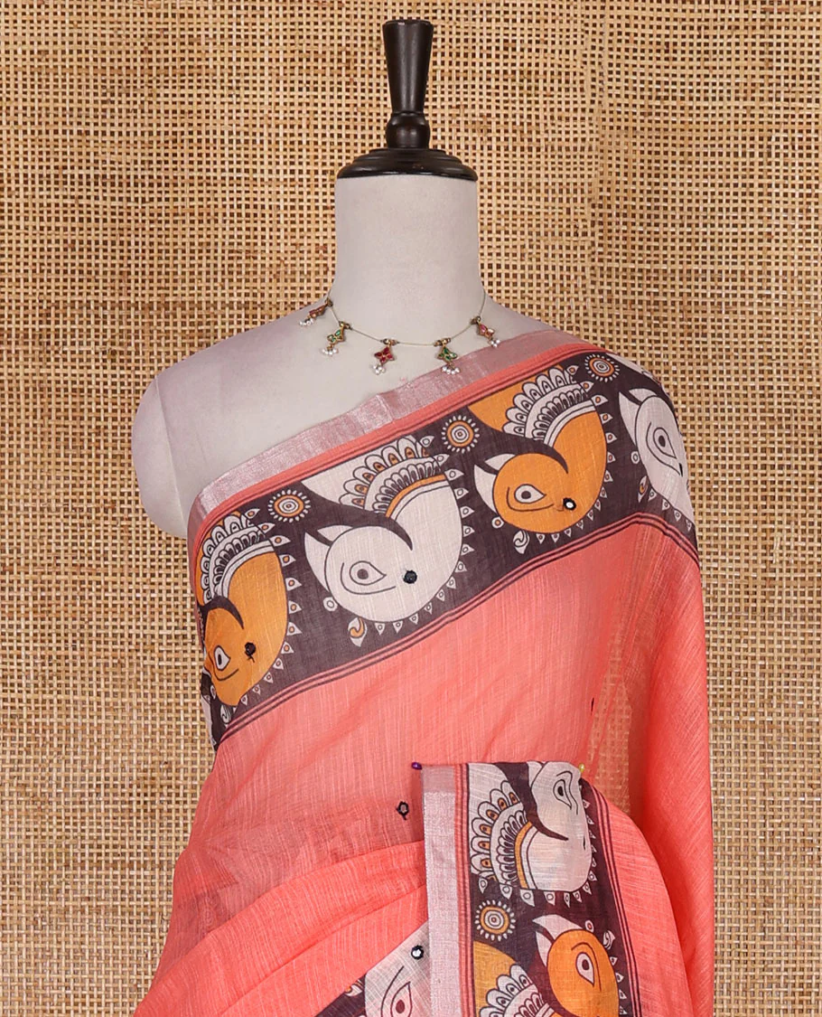 Peach mirror thread embroidered linen saree, contrast kalamkari peacock printed border, pallu of kalamkari peacock and human figurines print, and printed blouse - Image 3