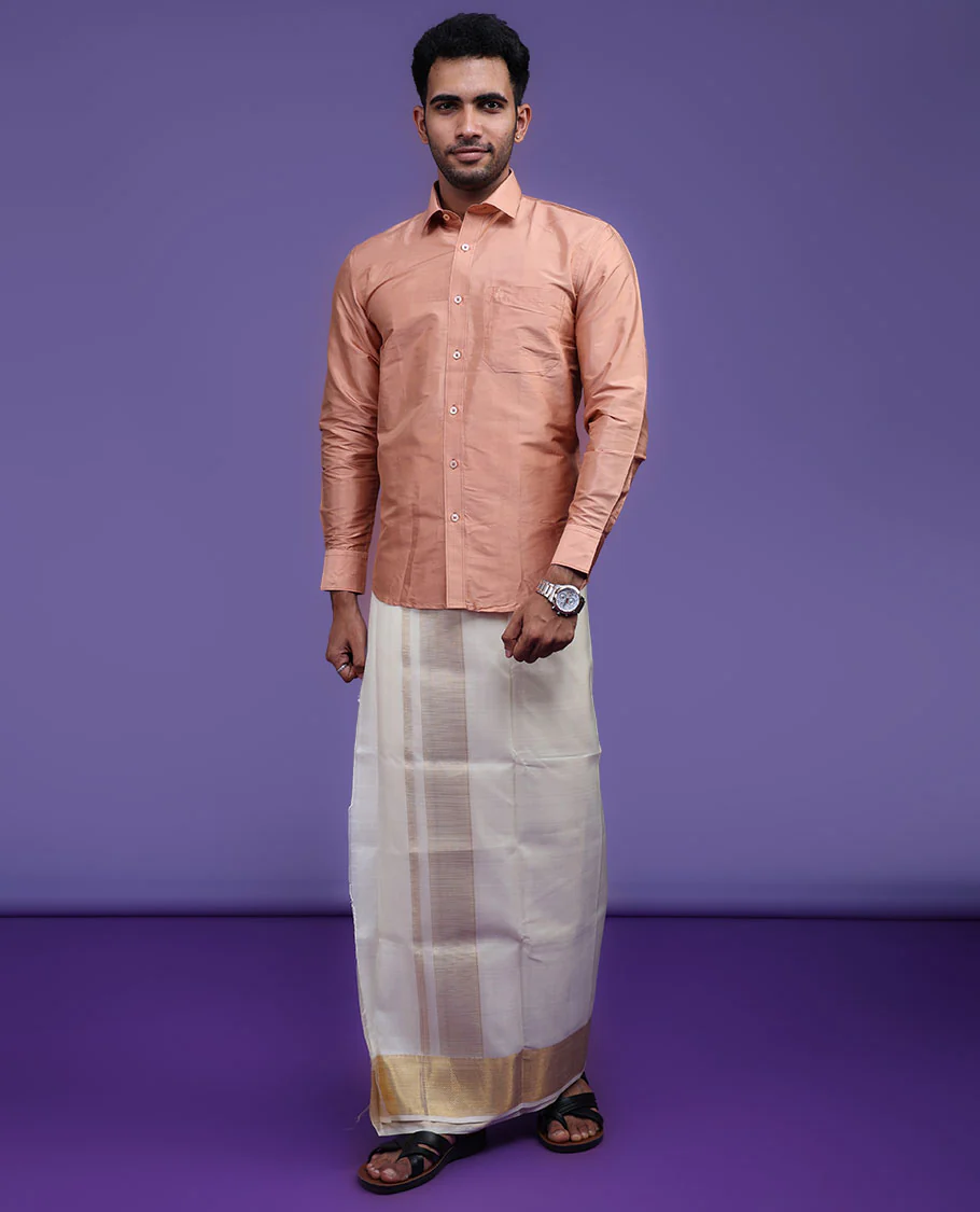 Peach plain design full-sleeve pure-silk shirt - Image 10