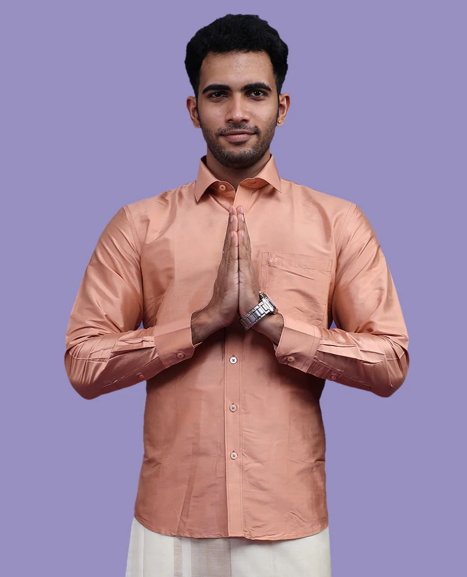 Peach plain design full-sleeve pure-silk shirt - Image 9