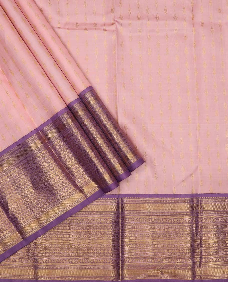 Peach puresilk halfsaree, zari buttas skirt, contrast border, blouse of rekku,banaras,muthu,mayil kann,rettai neli,poun,kathir,rudraksham, and kodi visiry, and zari woven dhavani - Image 2