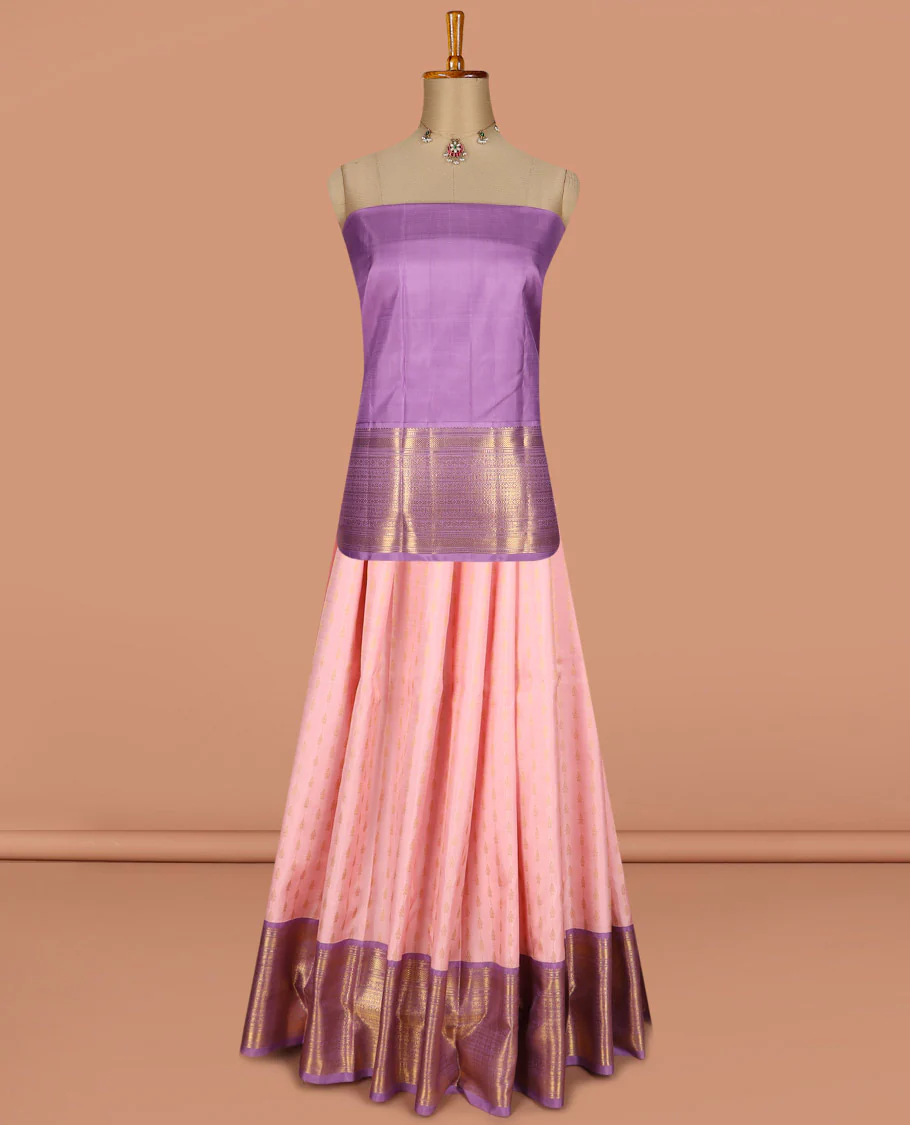 Peach puresilk halfsaree, zari buttas skirt, contrast border, blouse of rekku,banaras,muthu,mayil kann,rettai neli,poun,kathir,rudraksham, and kodi visiry, and zari woven dhavani - Image 3