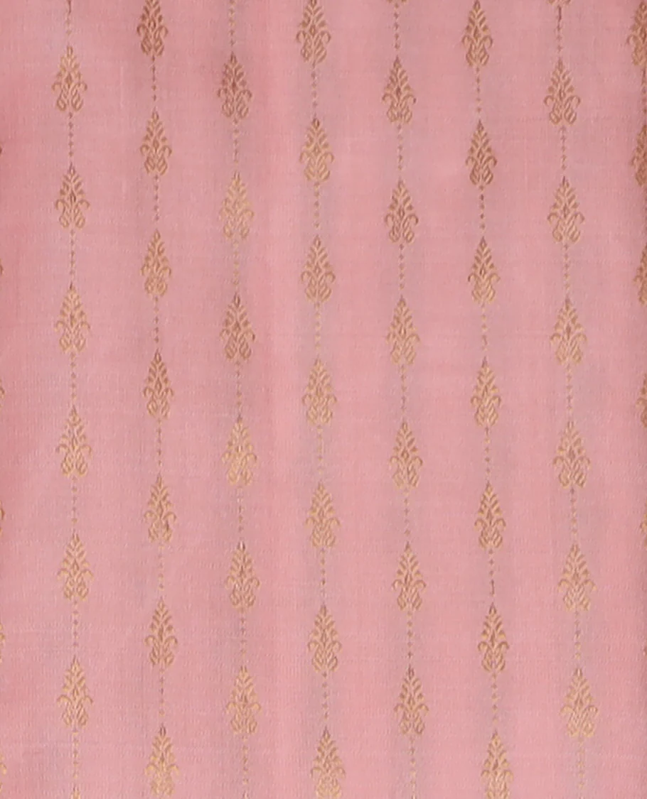 Peach puresilk halfsaree, zari buttas skirt, contrast border, blouse of rekku,banaras,muthu,mayil kann,rettai neli,poun,kathir,rudraksham, and kodi visiry, and zari woven dhavani - Image 4