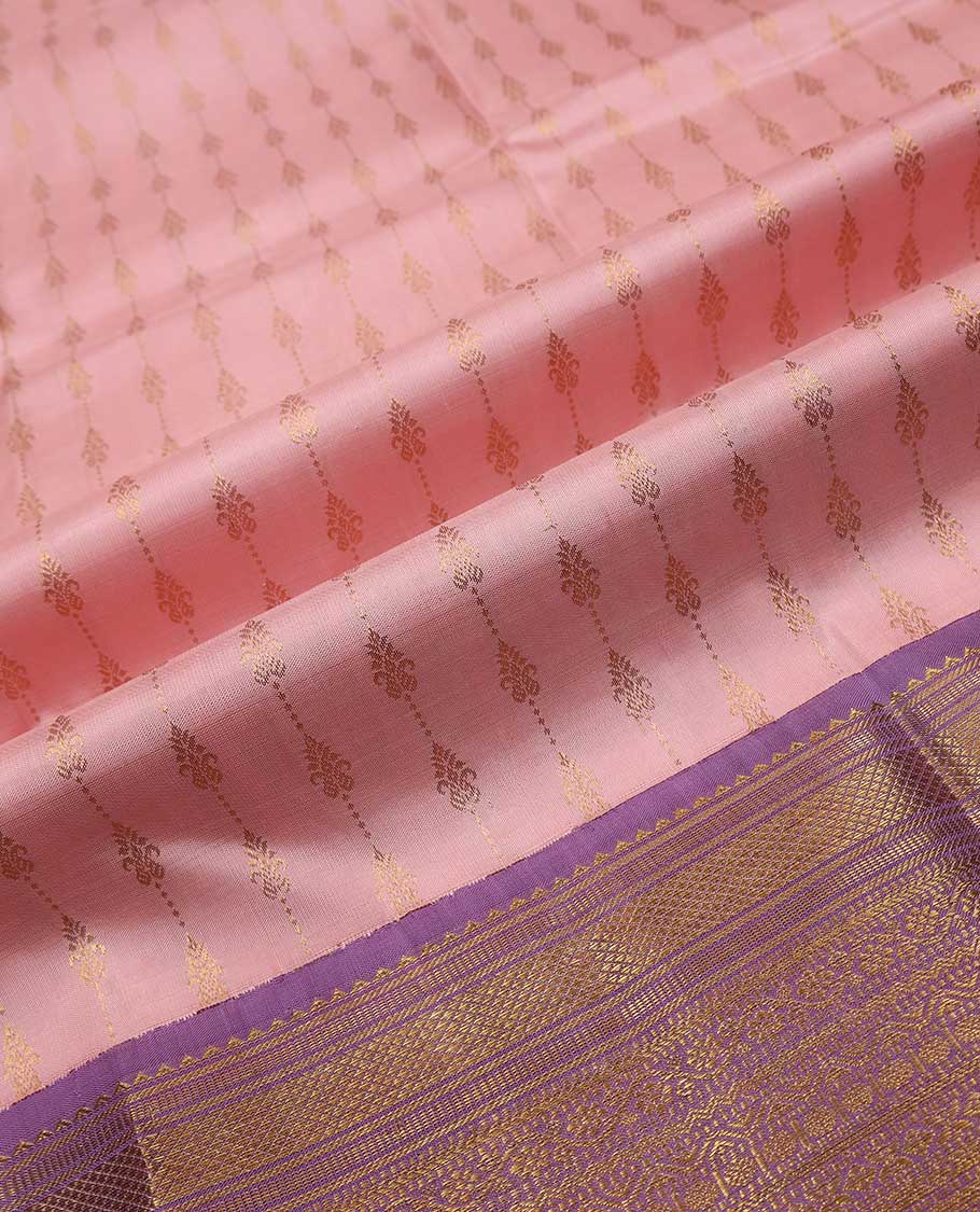 Peach puresilk halfsaree, zari buttas skirt, contrast border, blouse of rekku,banaras,muthu,mayil kann,rettai neli,poun,kathir,rudraksham, and kodi visiry, and zari woven dhavani - Image 6