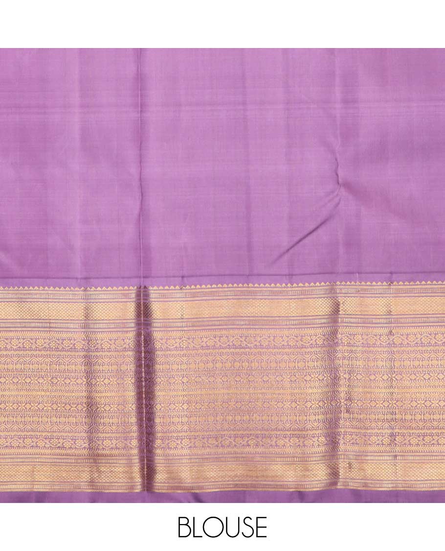 Peach puresilk halfsaree, zari buttas skirt, contrast border, blouse of rekku,banaras,muthu,mayil kann,rettai neli,poun,kathir,rudraksham, and kodi visiry, and zari woven dhavani - Image 7