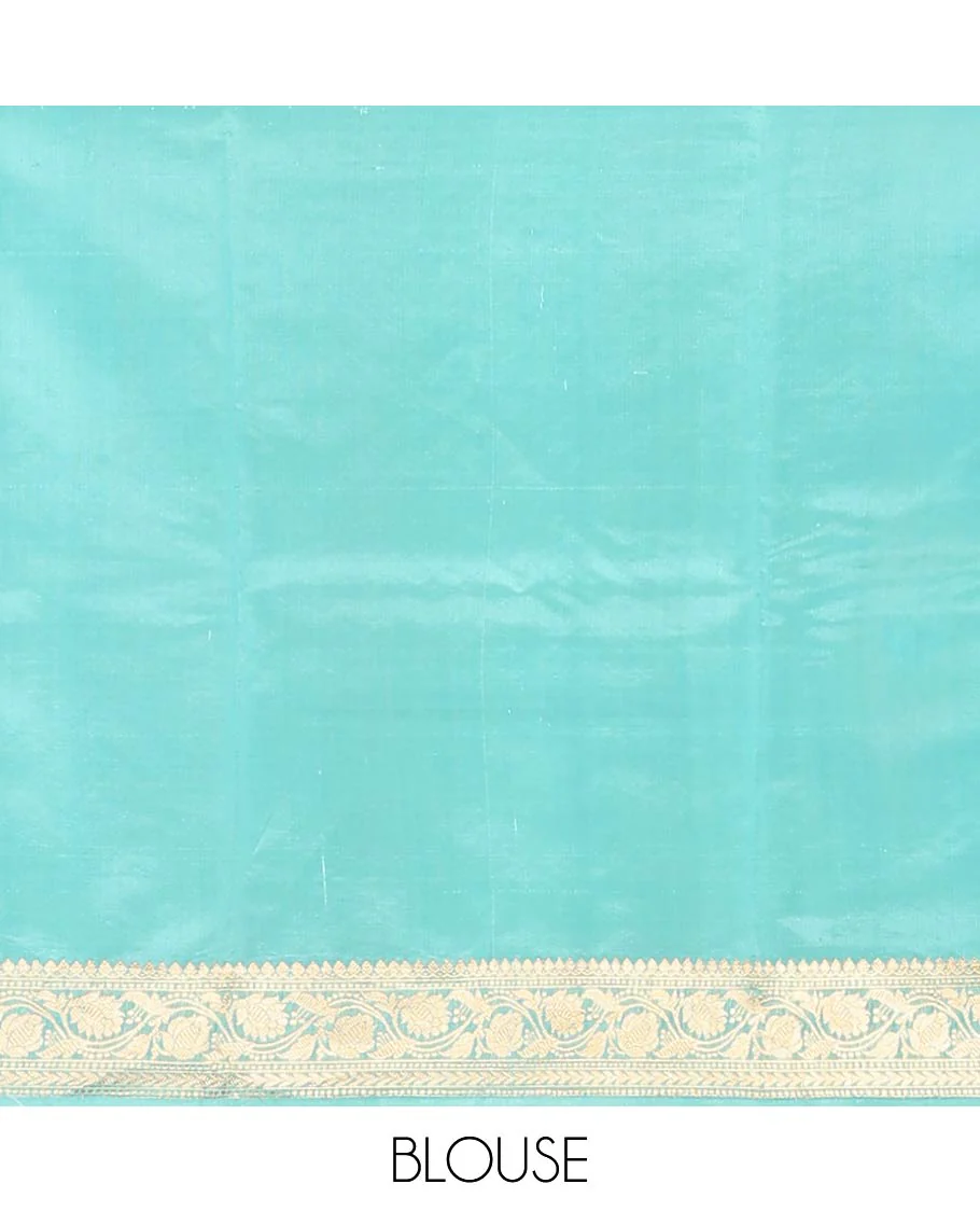 Peach Raw Mango Silk Saree Bedecked with Buttas, Features a Contrast floral creeper design Border, adorned with intricately designed Pallu, and comes with a Contrast Blouse - Image 6