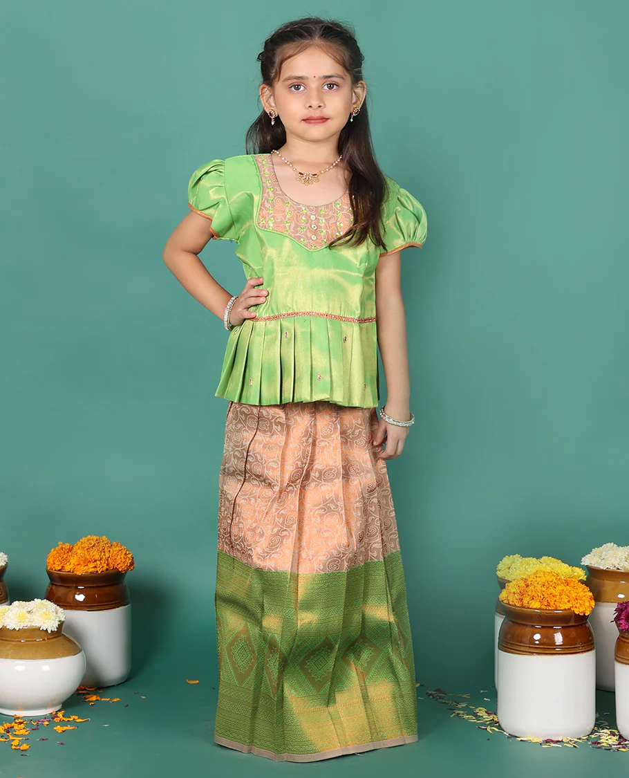 Peach readymade art silk pavadai, jacquard & contrast traditional zari border skirt, & puff-sleeve round-neck blouse