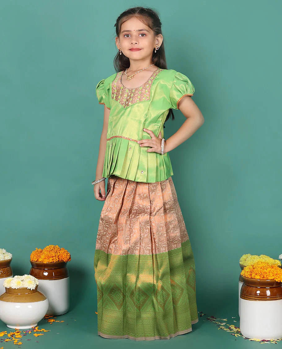 Peach readymade art silk pavadai, jacquard & contrast traditional zari border skirt, & puff-sleeve round-neck blouse - Image 2