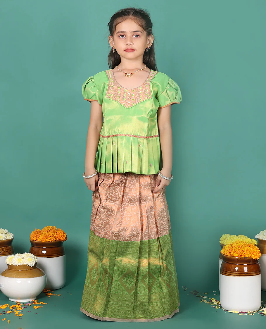 Peach readymade art silk pavadai, jacquard & contrast traditional zari border skirt, & puff-sleeve round-neck blouse - Image 3