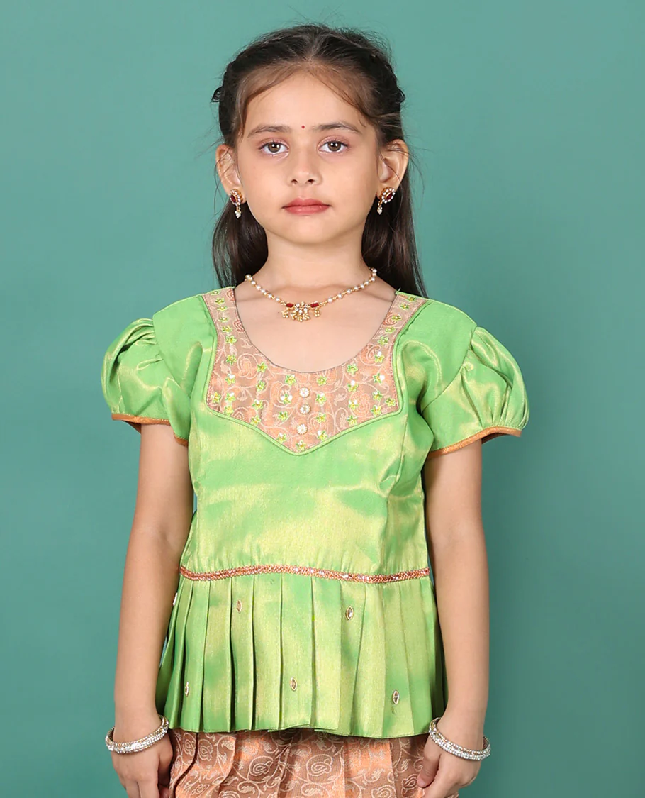 Peach readymade art silk pavadai, jacquard & contrast traditional zari border skirt, & puff-sleeve round-neck blouse - Image 4