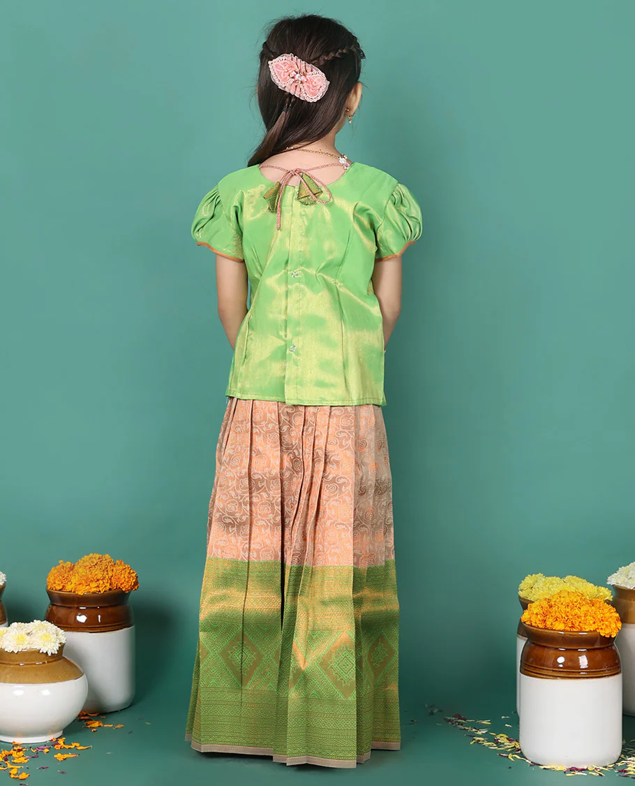 Peach readymade art silk pavadai, jacquard & contrast traditional zari border skirt, & puff-sleeve round-neck blouse - Image 5