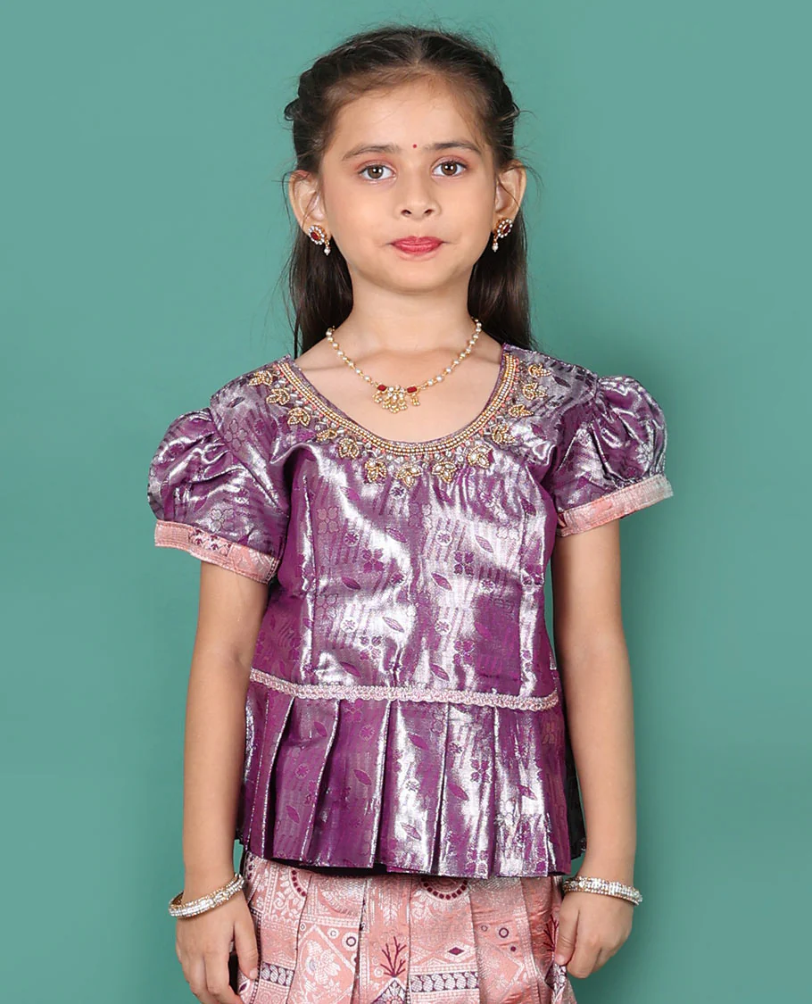 Peach readymade art silk pavadai set, jacquard with contrast traditional zari border skirt and contrast jacquard embroidered puff-sleeve blouse - Image 2