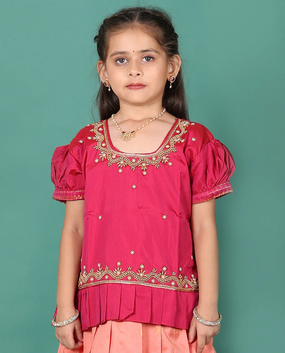 Peach readymade art silk pavadai, zari buttas & contrast traditional border skirt, & embroidered puff-sleeve round-neck blouse - Image 3