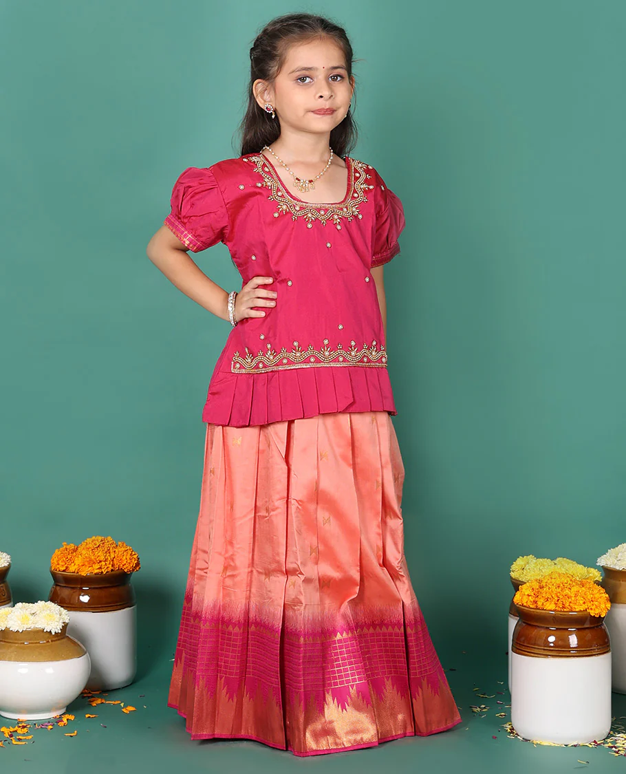 Peach readymade art silk pavadai, zari buttas & contrast traditional border skirt, & embroidered puff-sleeve round-neck blouse - Image 4