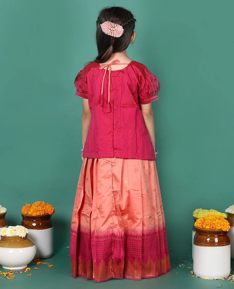 Peach readymade art silk pavadai, zari buttas & contrast traditional border skirt, & embroidered puff-sleeve round-neck blouse - Image 5