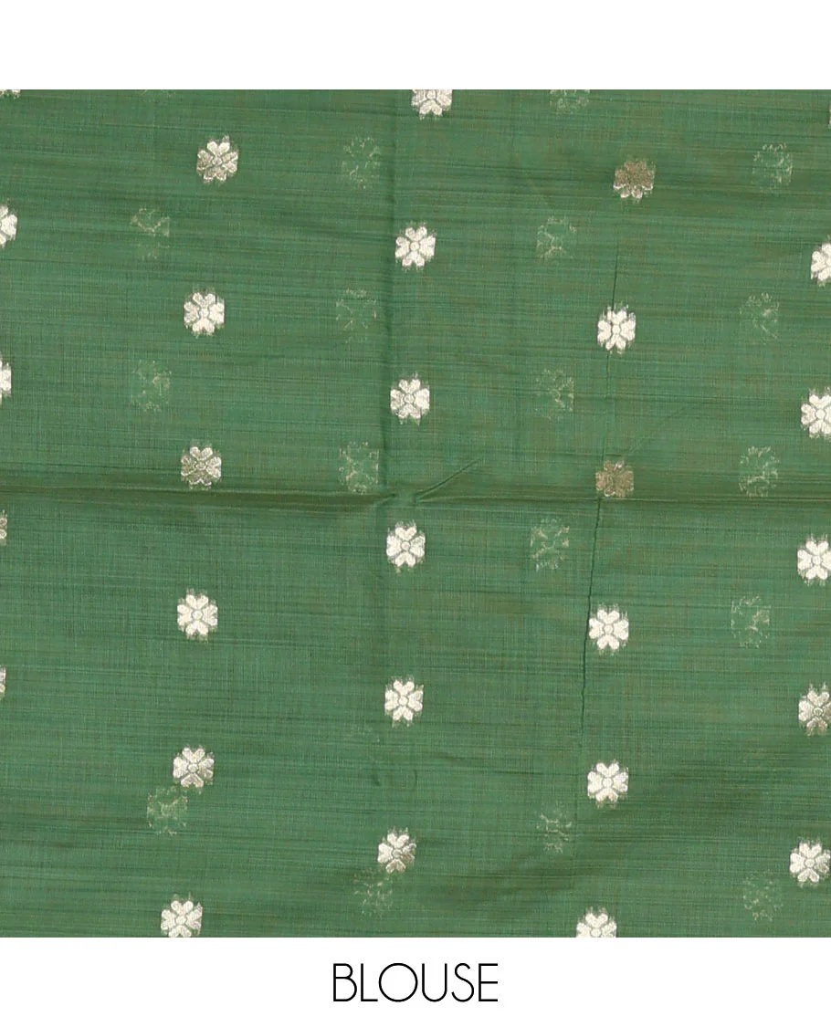 Peach resham thread buttas Munga cotton saree, jamdani floral creeper border, jamdani floral pallu, and contrast floral zari buttas blouse - Image 4