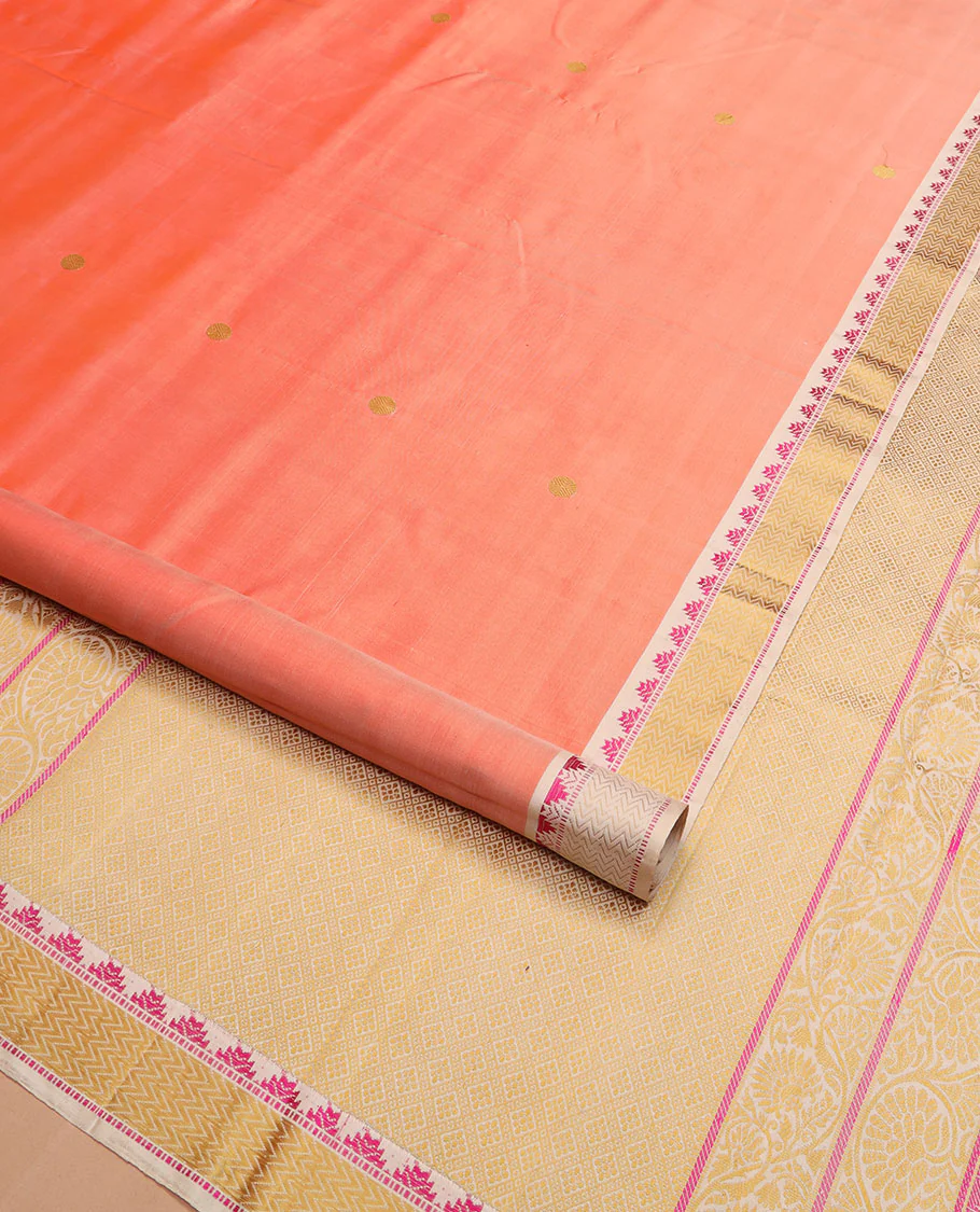 Peach rudraksham buttas Kanchipuram silk saree, contrast border of thazampoo rekku,  muthu, and vanki designs, and jaal pallu - Image 2