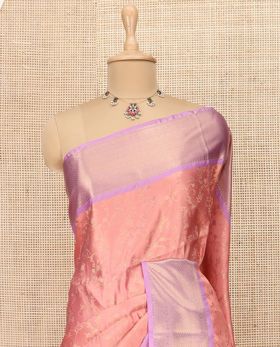 Peach Semi-Soft Silk Saree Featuring Floral Jaal Design, Complemented by a Contrast Traditional Zari Border, Grandly Woven Pallu of Floral Designs, and Paired with a Contrast Blouse - Image 2