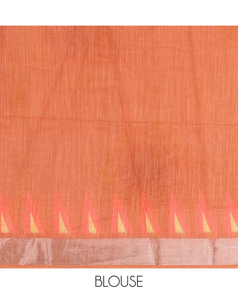 Peach sunflower motifs printed linen cotton saree, contrast zari border, sunflower motifs printed pallu, and contrast temple printed blouse - Image 3