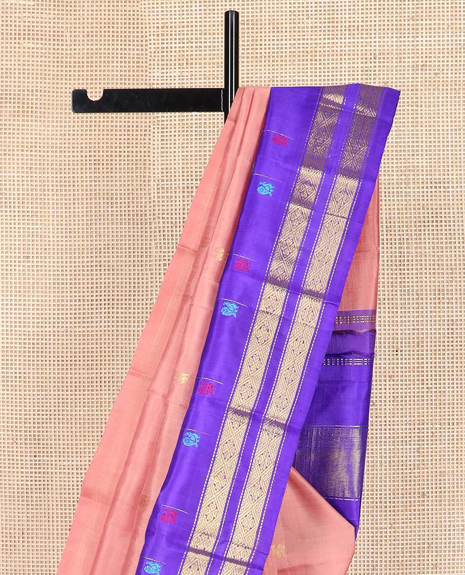 Peach zari buttas Kanchipuram silk saree, contrast one-sided thazampoo rekku border of thread mayil motifs and zari rettai pettu design, and zari design pallu - Image 3