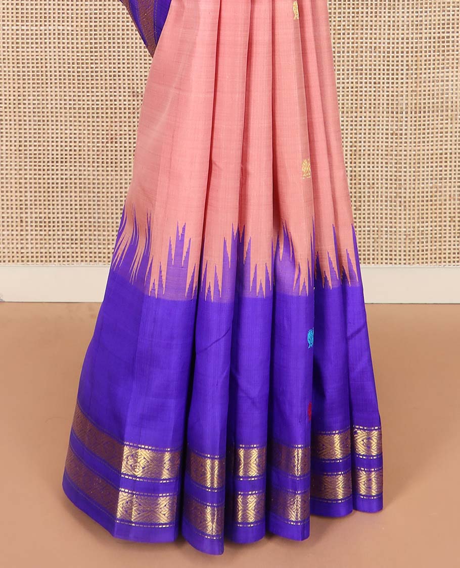 Peach zari buttas Kanchipuram silk saree, contrast one-sided thazampoo rekku border of thread mayil motifs and zari rettai pettu design, and zari design pallu - Image 4