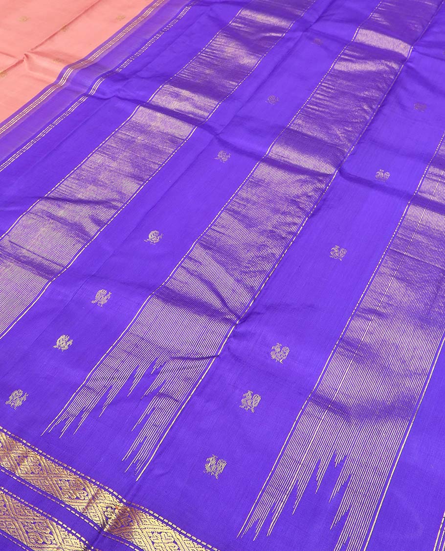 Peach zari buttas Kanchipuram silk saree, contrast one-sided thazampoo rekku border of thread mayil motifs and zari rettai pettu design, and zari design pallu - Image 5