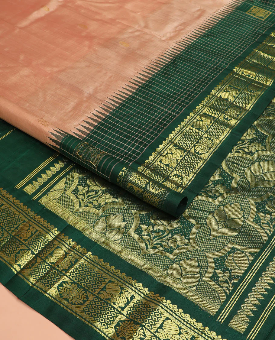 Peach zari buttas Kanchipuram silk saree, contrast one-sided thazampoo rekku checked border of salngai, banaras, mayil chakra and then kuli kann designs, and zari design pallu - Image 2