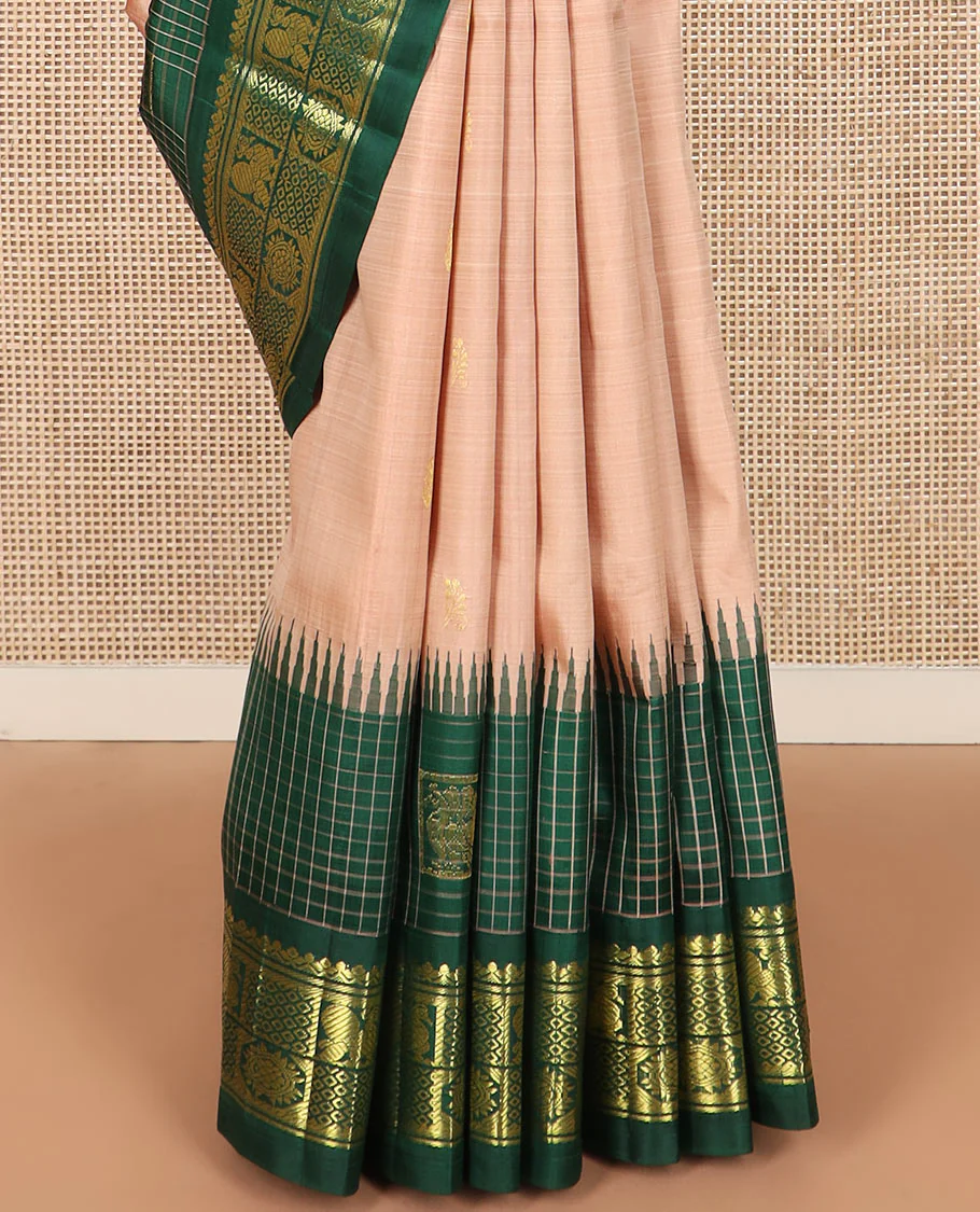 Peach zari buttas Kanchipuram silk saree, contrast one-sided thazampoo rekku checked border of salngai, banaras, mayil chakra and then kuli kann designs, and zari design pallu - Image 4