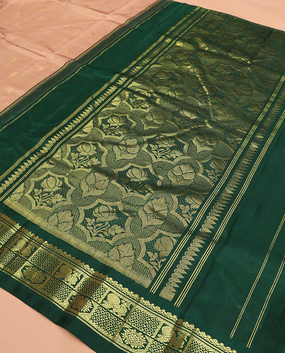 Peach zari buttas Kanchipuram silk saree, contrast one-sided thazampoo rekku checked border of salngai, banaras, mayil chakra and then kuli kann designs, and zari design pallu - Image 5