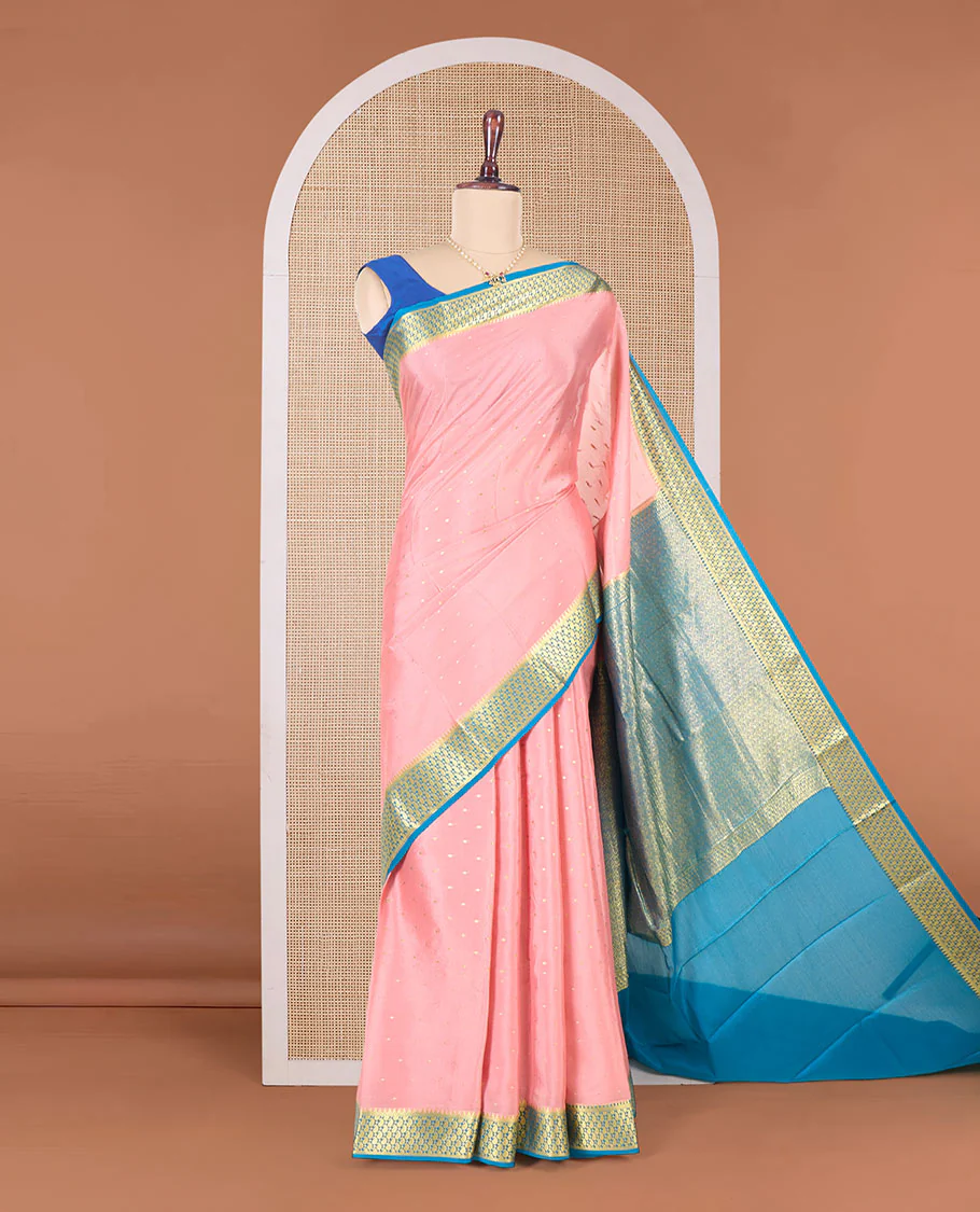 Peach zari buttas Mysore silk saree, contrast paisley zari design border, and intricate pallu - Image 2