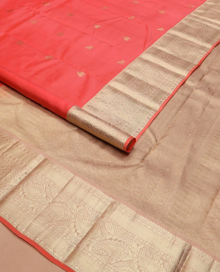 Peach zari buttas Vasundhara silk saree, contrast border of thilakam mokku, muthu, rudraksham, mayil kann, and manga designs, and jaal pallu - Image 2