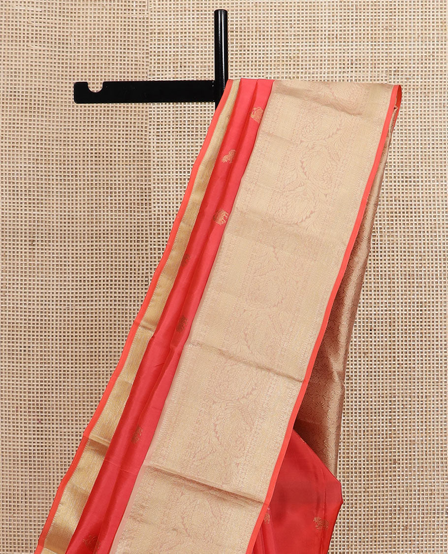 Peach zari buttas Vasundhara silk saree, contrast border of thilakam mokku, muthu, rudraksham, mayil kann, and manga designs, and jaal pallu - Image 3