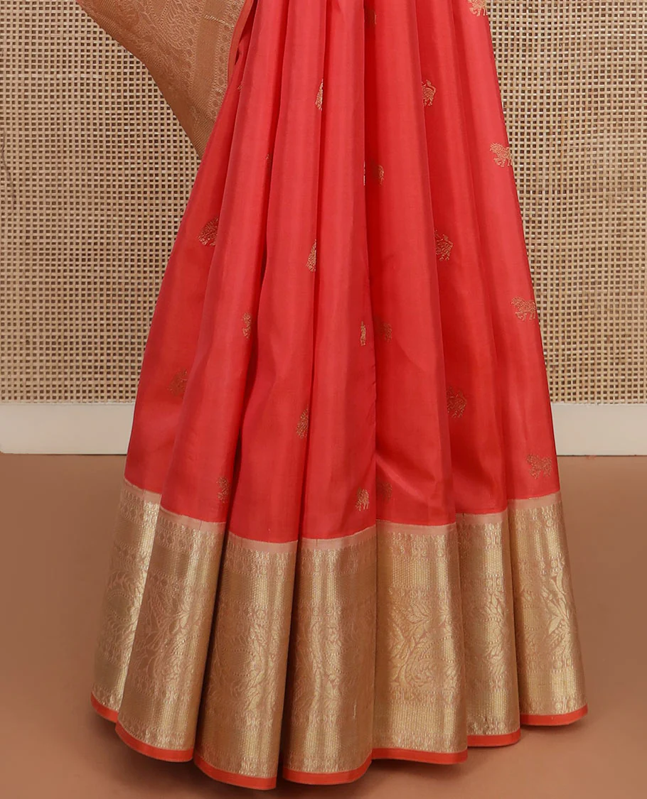 Peach zari buttas Vasundhara silk saree, contrast border of thilakam mokku, muthu, rudraksham, mayil kann, and manga designs, and jaal pallu - Image 4