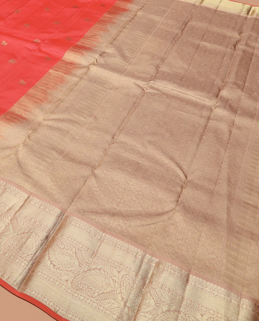Peach zari buttas Vasundhara silk saree, contrast border of thilakam mokku, muthu, rudraksham, mayil kann, and manga designs, and jaal pallu - Image 5