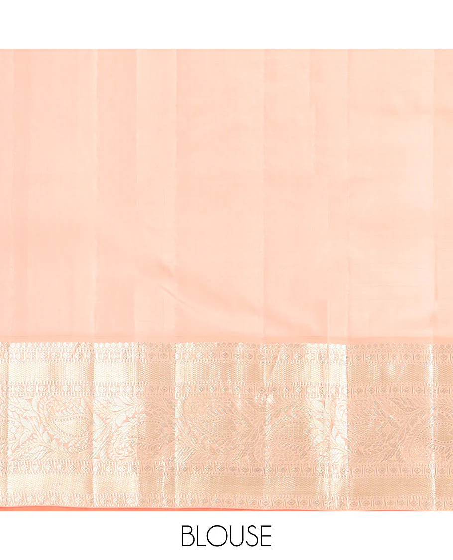 Peach zari buttas Vasundhara silk saree, contrast border of thilakam mokku, muthu, rudraksham, mayil kann, and manga designs, and jaal pallu - Image 6