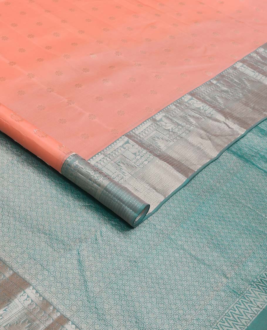 Peach zari buttas Vasundhara Lite Silk Mix Saree, contrast border of thilakam mokku, manga, mayil, neli, thazampoo rekku, and muthu designs, and jaal pallu - Image 2