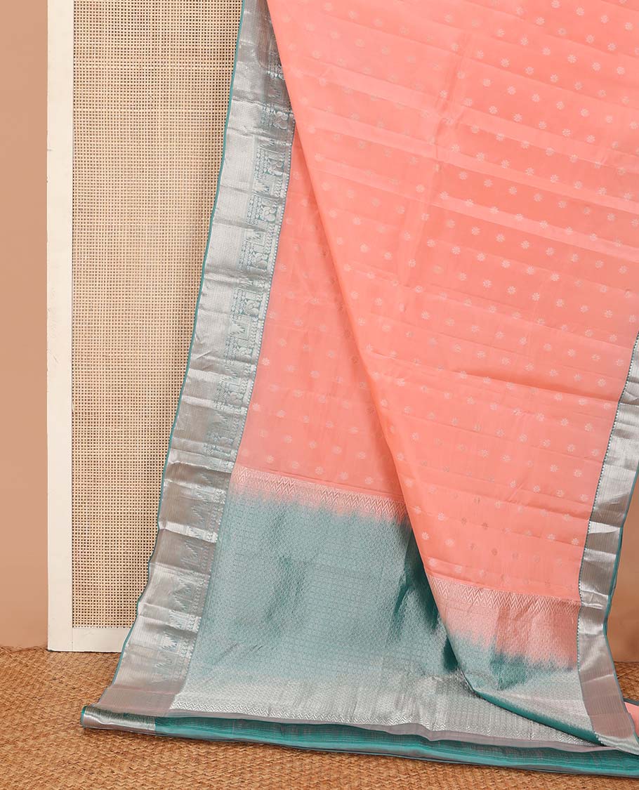 Peach zari buttas Vasundhara Lite Silk Mix Saree, contrast border of thilakam mokku, manga, mayil, neli, thazampoo rekku, and muthu designs, and jaal pallu - Image 3