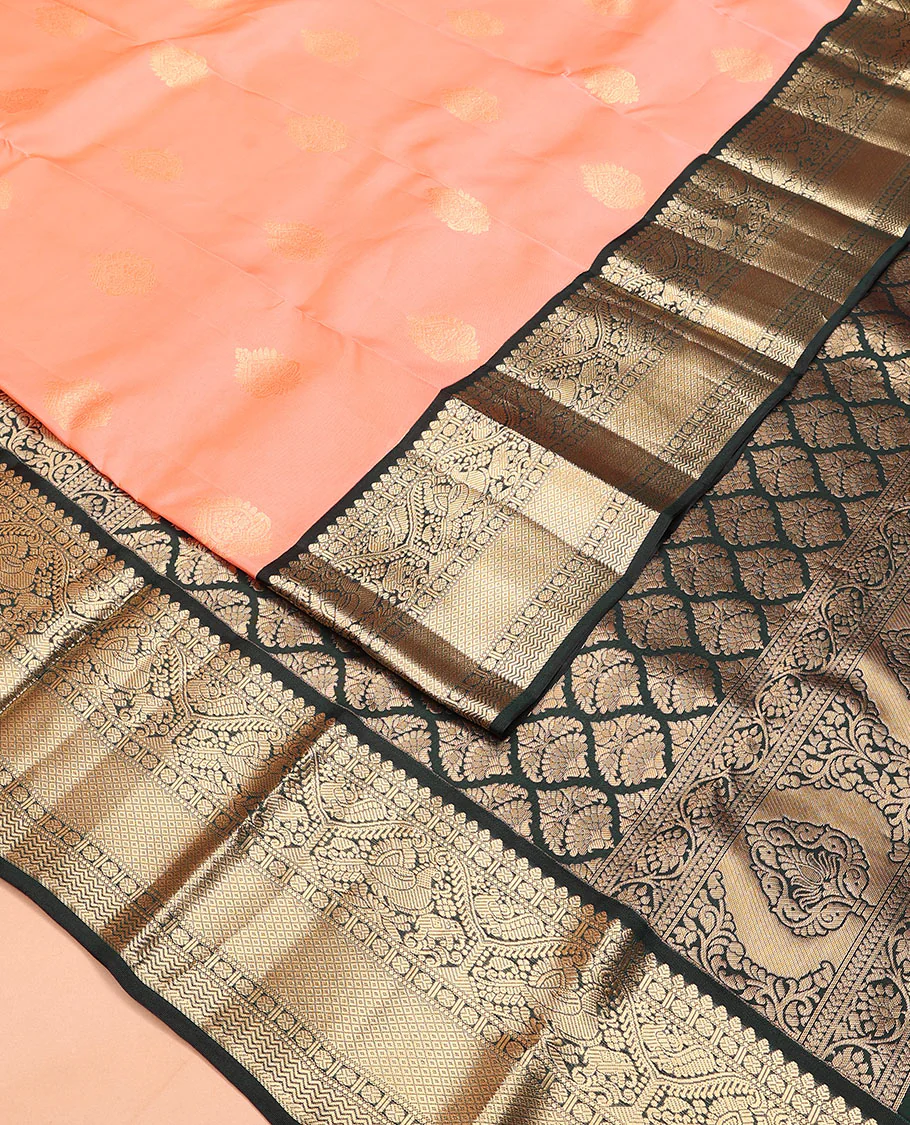 Peach zari buttas Vasundhara Lite Silk Mix Saree, contrast border of thilakam mokku, muthu, poun, mayil, mayil kann, and vanki designs, and jaal pallu - Image 2