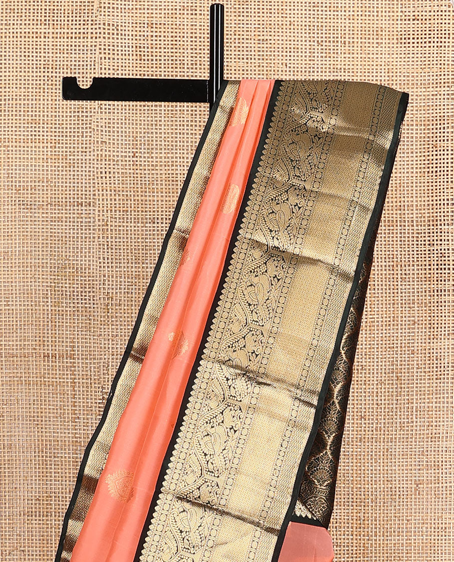 Peach zari buttas Vasundhara Lite Silk Mix Saree, contrast border of thilakam mokku, muthu, poun, mayil, mayil kann, and vanki designs, and jaal pallu - Image 3