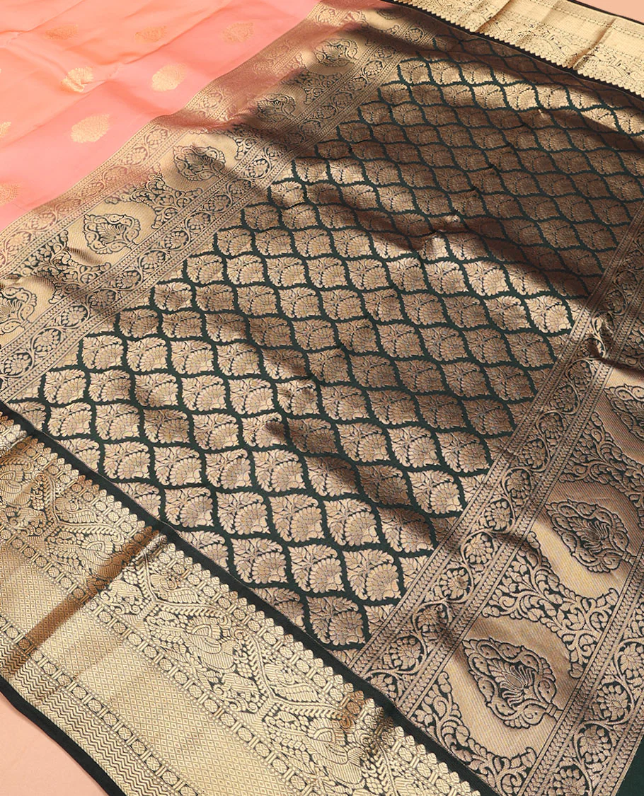 Peach zari buttas Vasundhara Lite Silk Mix Saree, contrast border of thilakam mokku, muthu, poun, mayil, mayil kann, and vanki designs, and jaal pallu - Image 5