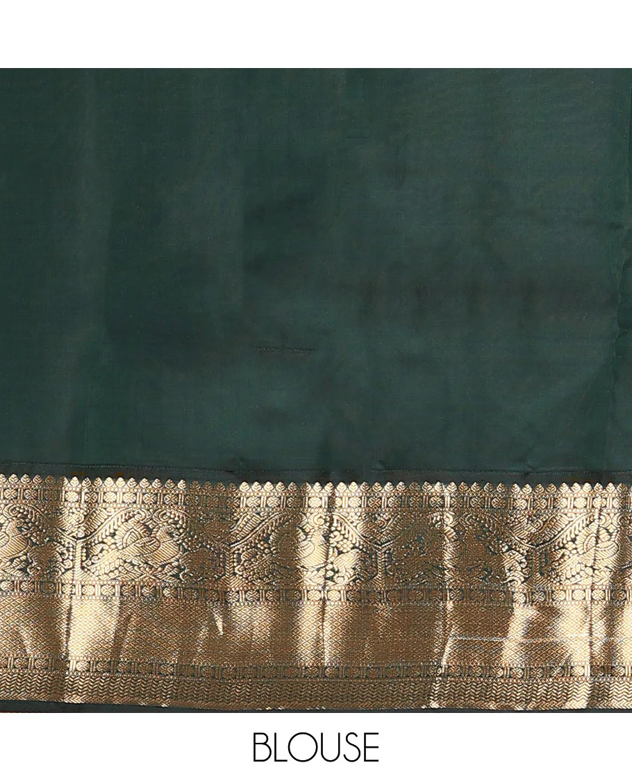 Peach zari buttas Vasundhara Lite Silk Mix Saree, contrast border of thilakam mokku, muthu, poun, mayil, mayil kann, and vanki designs, and jaal pallu - Image 6