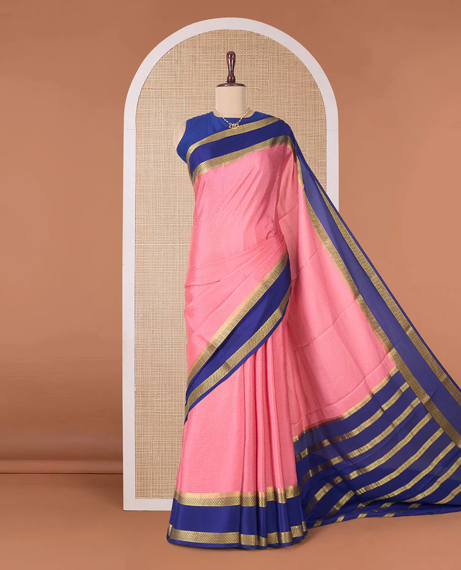 Peach zari checked Mysore silk saree, contrast rettai pettu peacock eye zari border, and pallu of zari stripes - Image 2