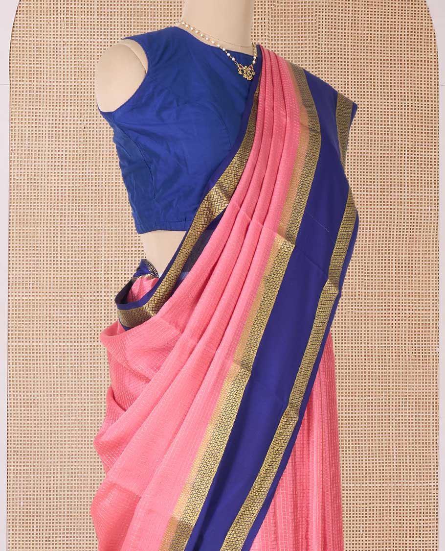 Peach zari checked Mysore silk saree, contrast rettai pettu peacock eye zari border, and pallu of zari stripes - Image 3