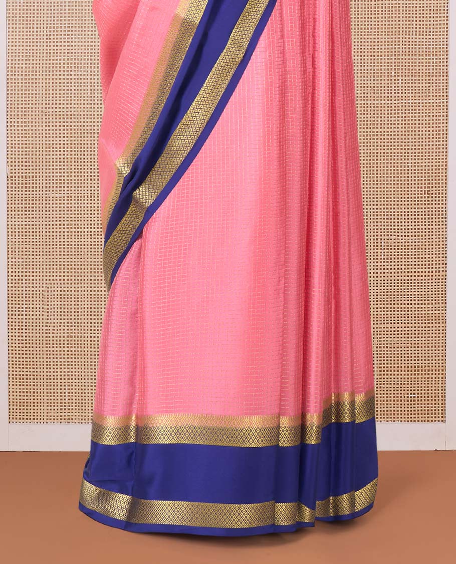 Peach zari checked Mysore silk saree, contrast rettai pettu peacock eye zari border, and pallu of zari stripes - Image 4