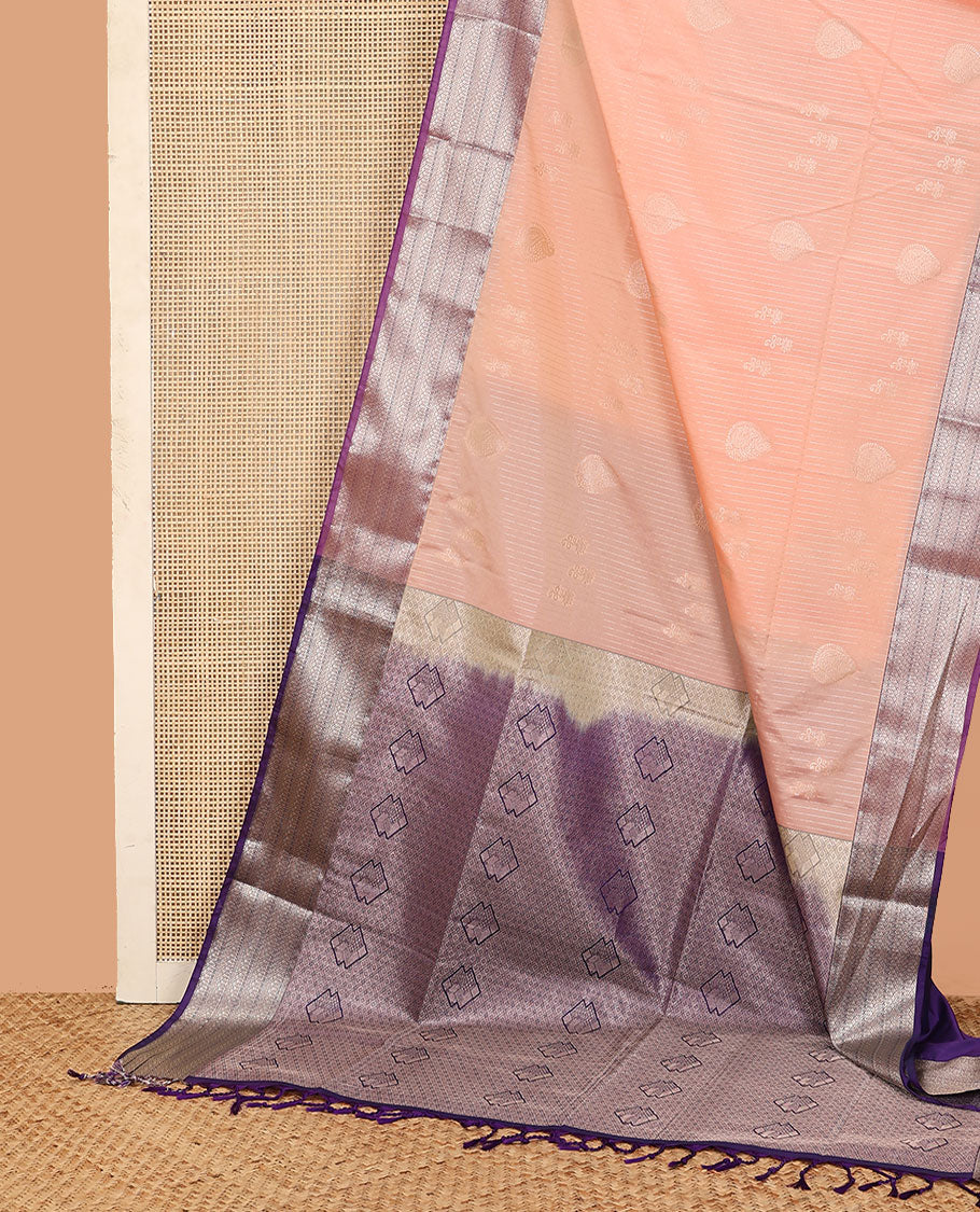 Peach zari design soft silk saree, contrast traditional zari design border, and a zari-rich jaal pallu - Image 2