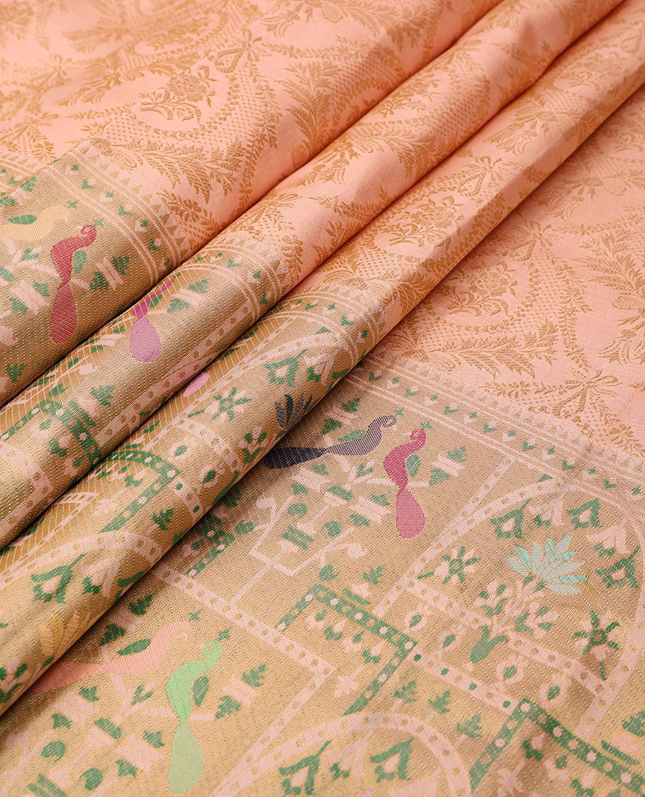 Peach zari jacquard Samudrika silk saree, paithani-style bird & tree motifs, resham meenakari thread border & zari jaal pallu - Image 4