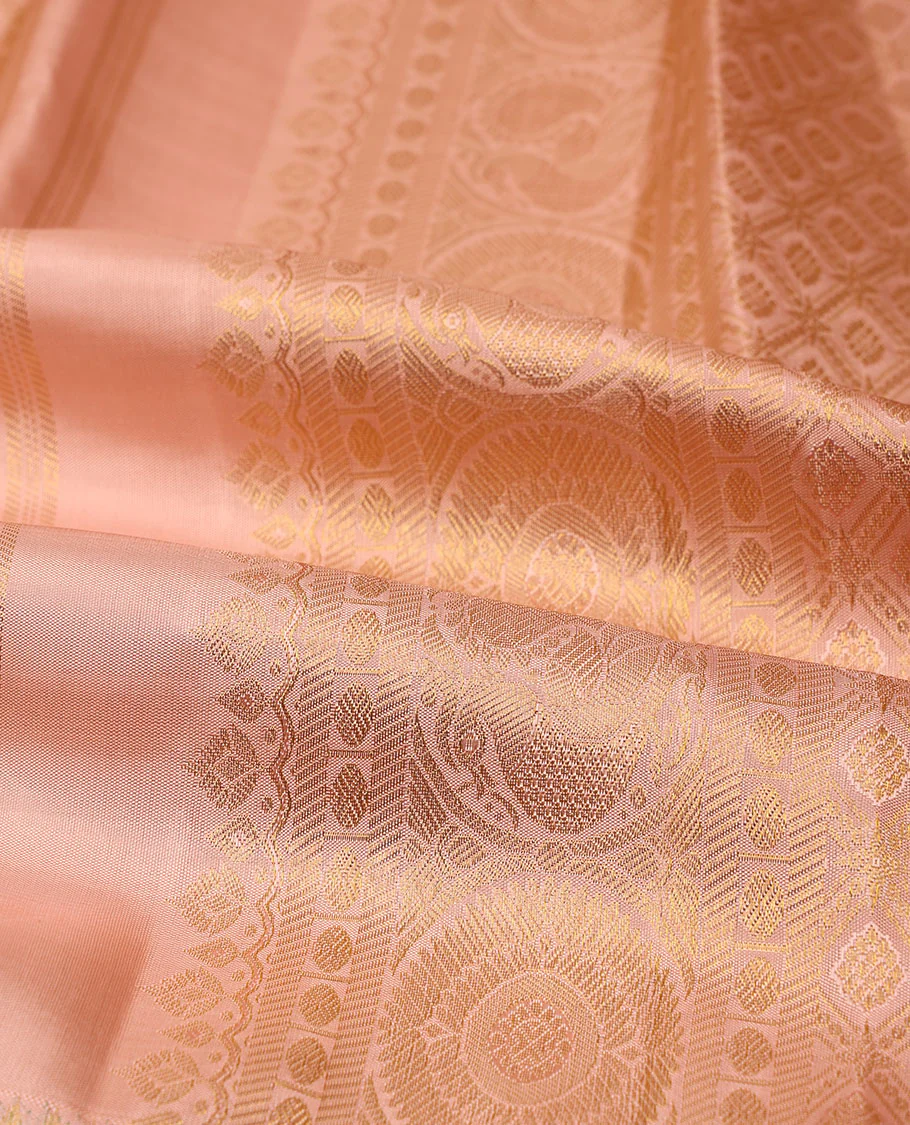 Peach zari jacquard Samudrika silk saree, paithani-style bird & tree motifs, resham meenakari thread border & zari jaal pallu - Image 5