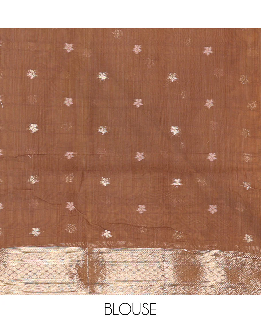 Peach zig-zag style ikkat design with buttas Munga cotton saree, zari jacquard blouse, ogee patterned pallu, and a contrast border of thread and zari buttas - Image 3