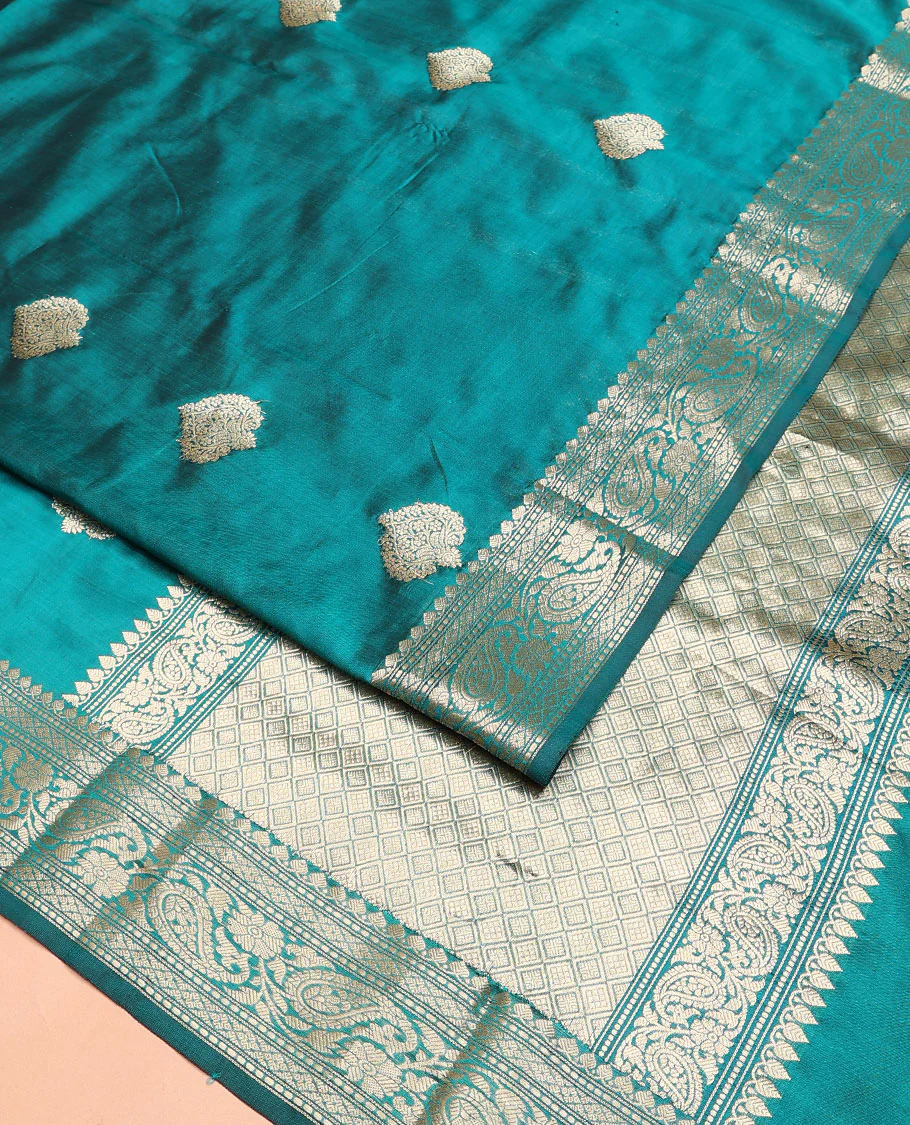 Peacock blue buttas kathan silk saree, traditional border of paisley creeper design, and jaal pallu - Image 2