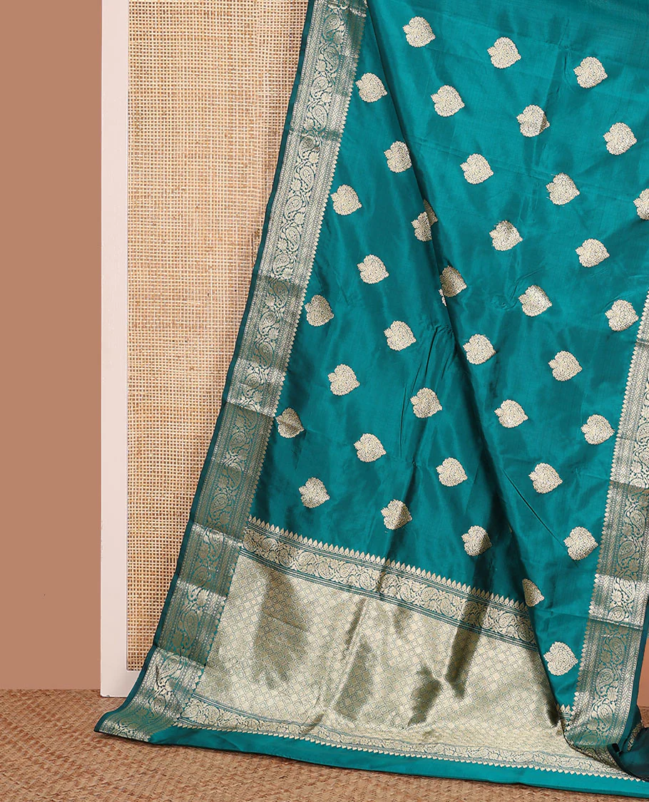 Peacock blue buttas kathan silk saree, traditional border of paisley creeper design, and jaal pallu - Image 3